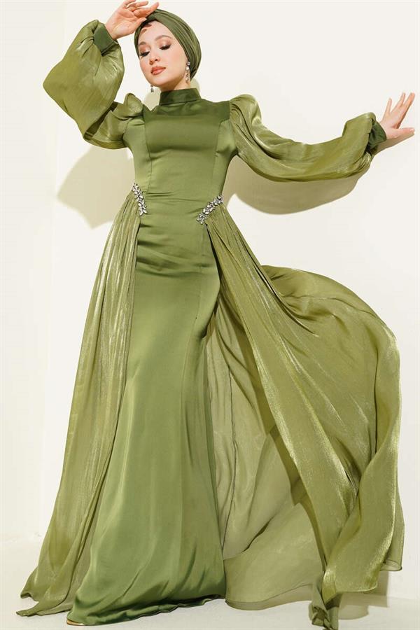 Khaki Evening Dress with Waist Embellished Cape