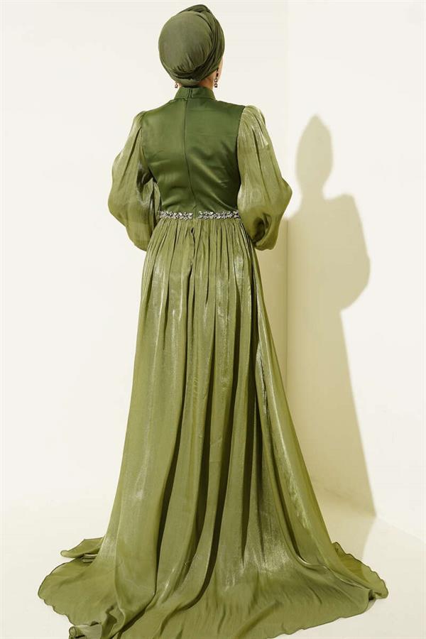 Khaki Evening Dress with Waist Embellished Cape