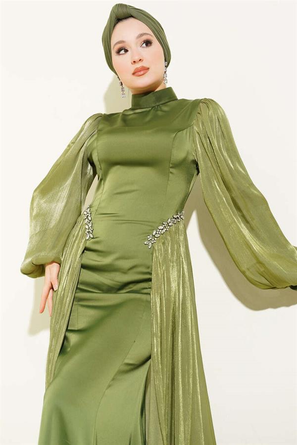 Khaki Evening Dress with Waist Embellished Cape