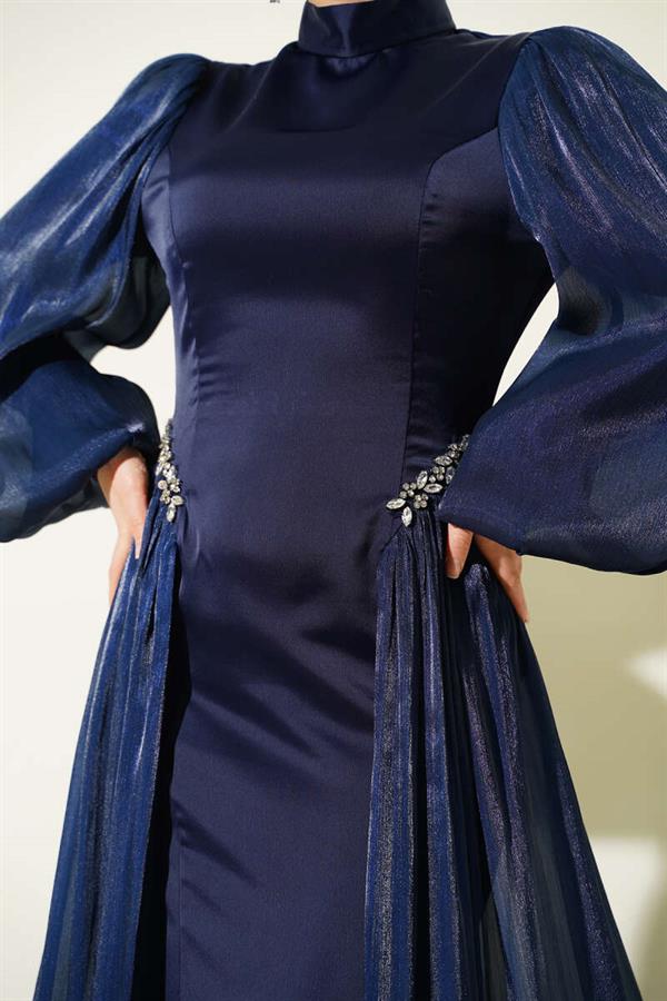 Navy Blue Evening Dress with Embellished Waist and Cape