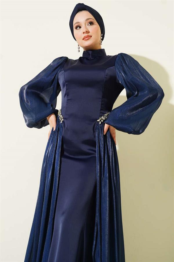 Navy Blue Evening Dress with Embellished Waist and Cape