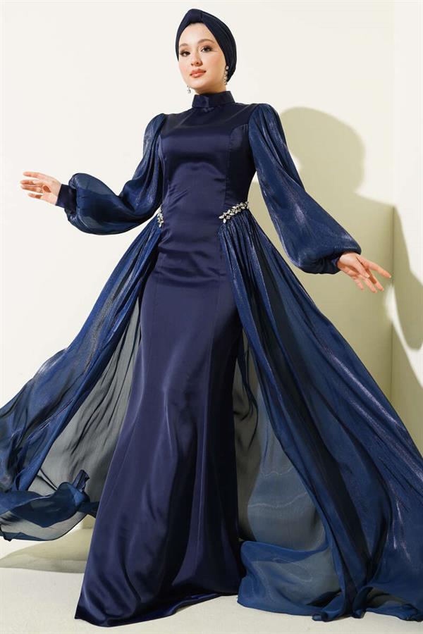Navy Blue Evening Dress with Embellished Waist and Cape