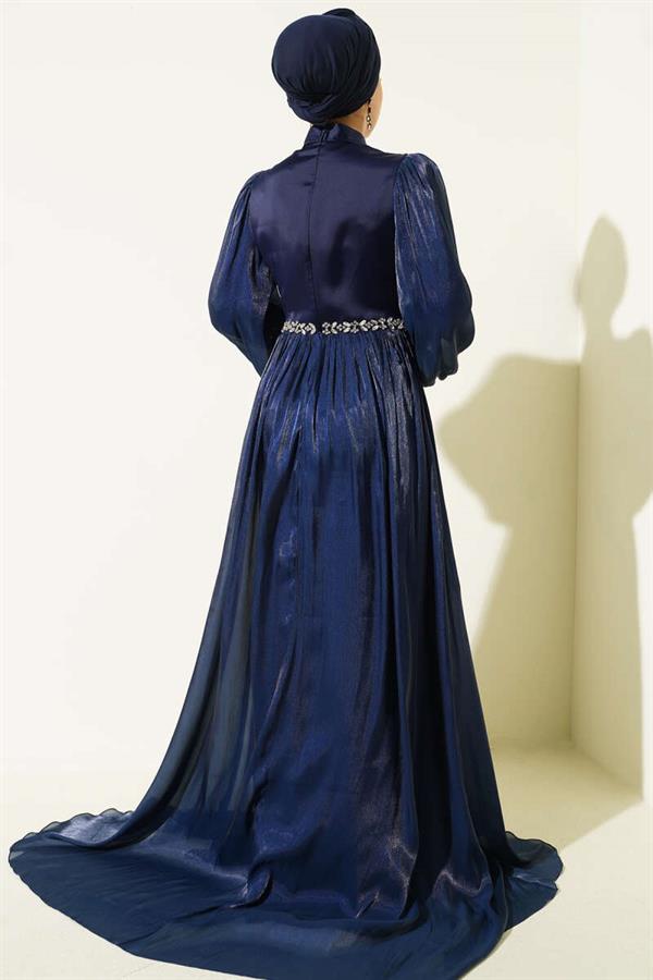 Navy Blue Evening Dress with Embellished Waist and Cape
