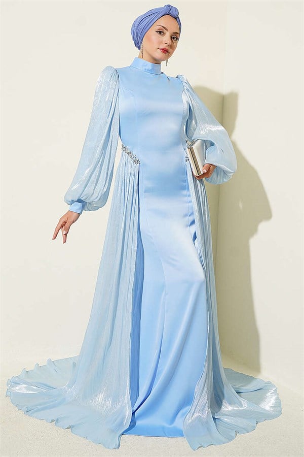 Waist Embellished Cape Evening Dress Blue