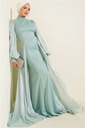 Evening Dress with Waist Stone Embellished Cape, Mint