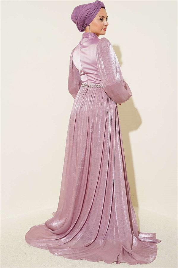 Powder Pink Evening Dress with Waist Stone Embellished Cape