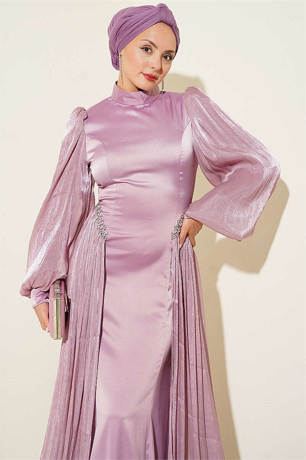 Powder Pink Evening Dress with Waist Stone Embellished Cape