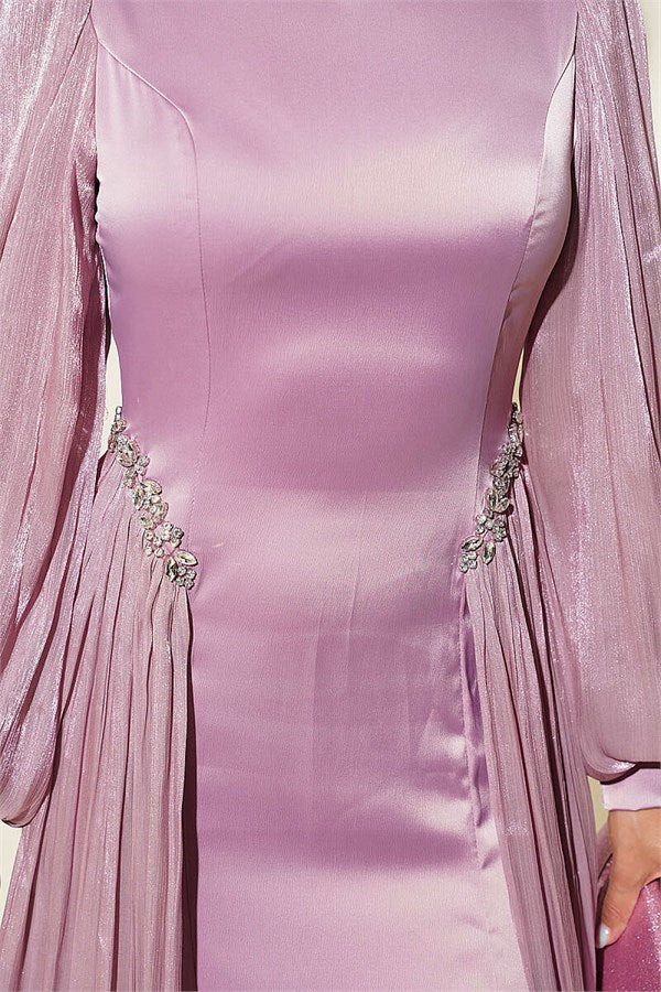 Powder Pink Evening Dress with Waist Stone Embellished Cape