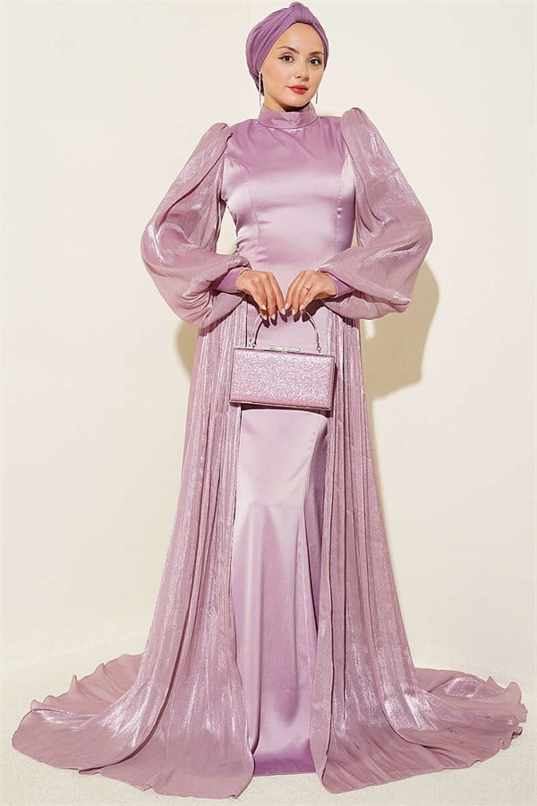 Powder Pink Evening Dress with Waist Stone Embellished Cape
