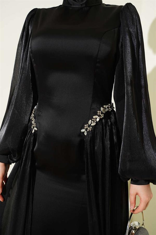 Black Evening Dress with Waist Embellished Cape