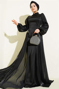 Black Evening Dress with Waist Embellished Cape