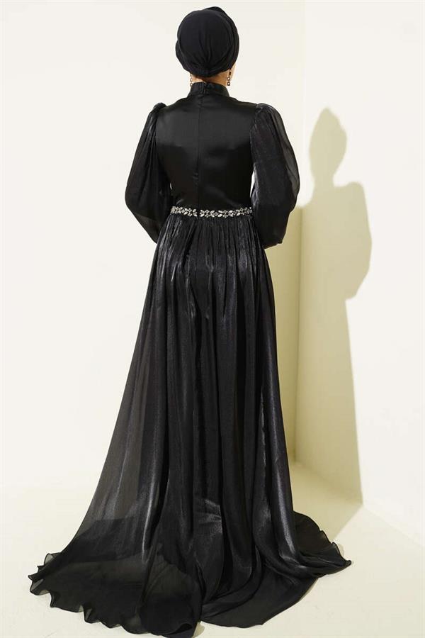 Black Evening Dress with Waist Embellished Cape