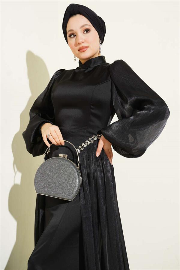 Black Evening Dress with Waist Embellished Cape