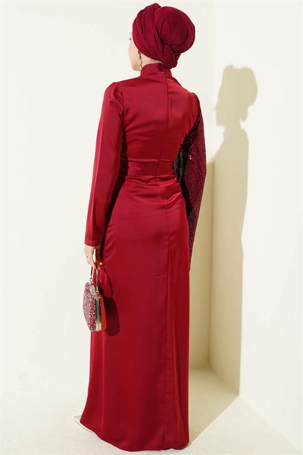 Waist Stone Sequin Detailed Evening Dress Burgundy