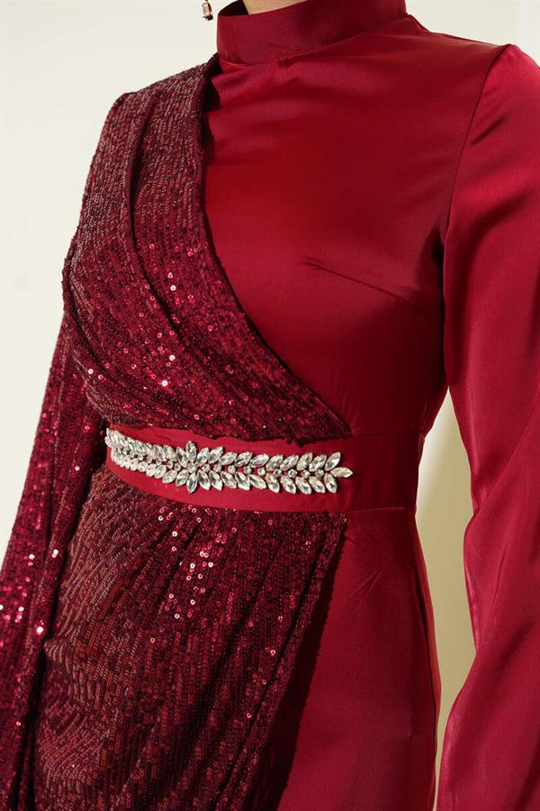 Waist Stone Sequin Detailed Evening Dress Burgundy