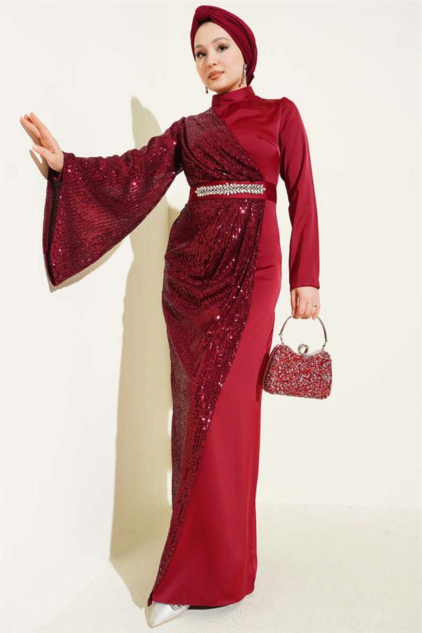 Waist Stone Sequin Detailed Evening Dress Burgundy