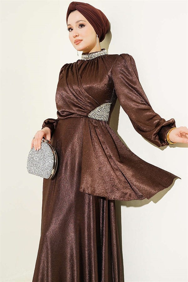 Waist Embellished Side Gathered Evening Dress in Brown