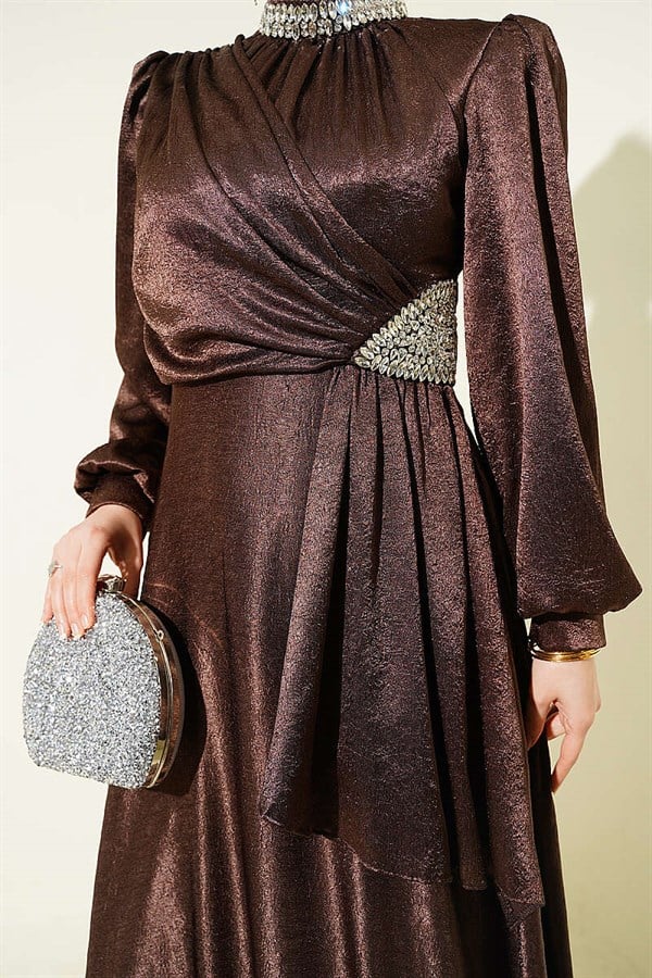 Waist Embellished Side Gathered Evening Dress in Brown