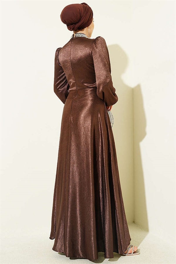 Waist Embellished Side Gathered Evening Dress in Brown