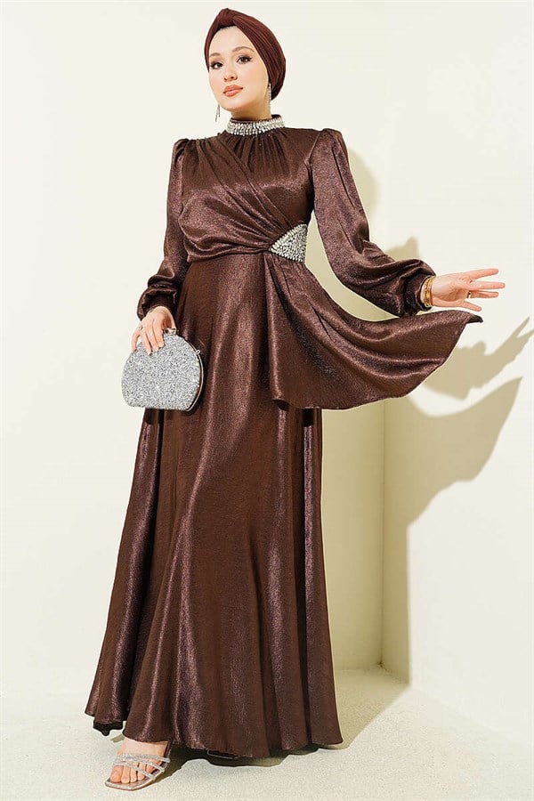Waist Embellished Side Gathered Evening Dress in Brown