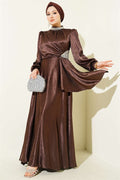 Waist Embellished Side Gathered Evening Dress in Brown