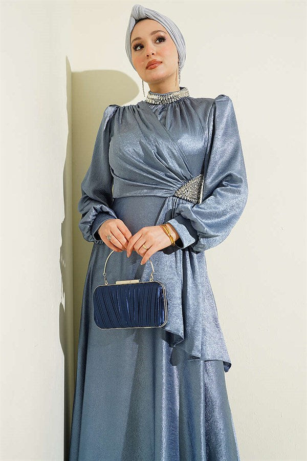 Waist Embellished Side Gathered Evening Dress Blue