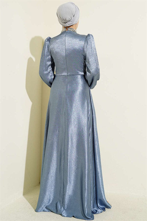 Waist Embellished Side Gathered Evening Dress Blue