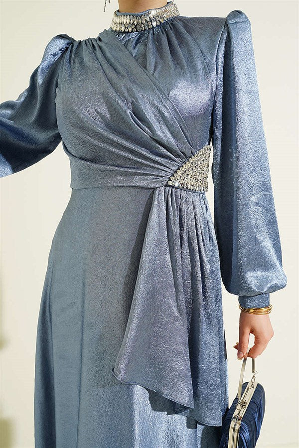 Waist Embellished Side Gathered Evening Dress Blue