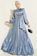 Waist Embellished Side Gathered Evening Dress Blue