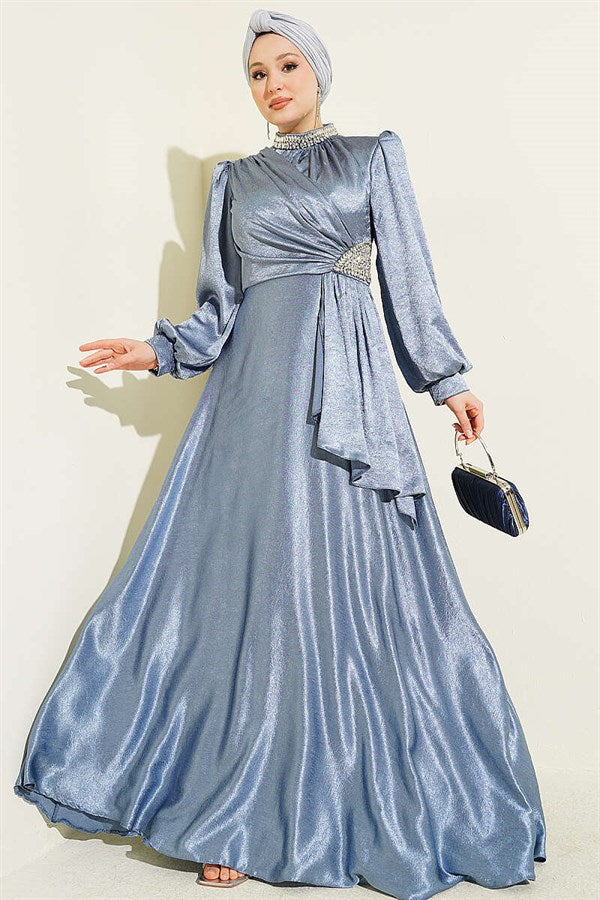 Waist Embellished Side Gathered Evening Dress Blue