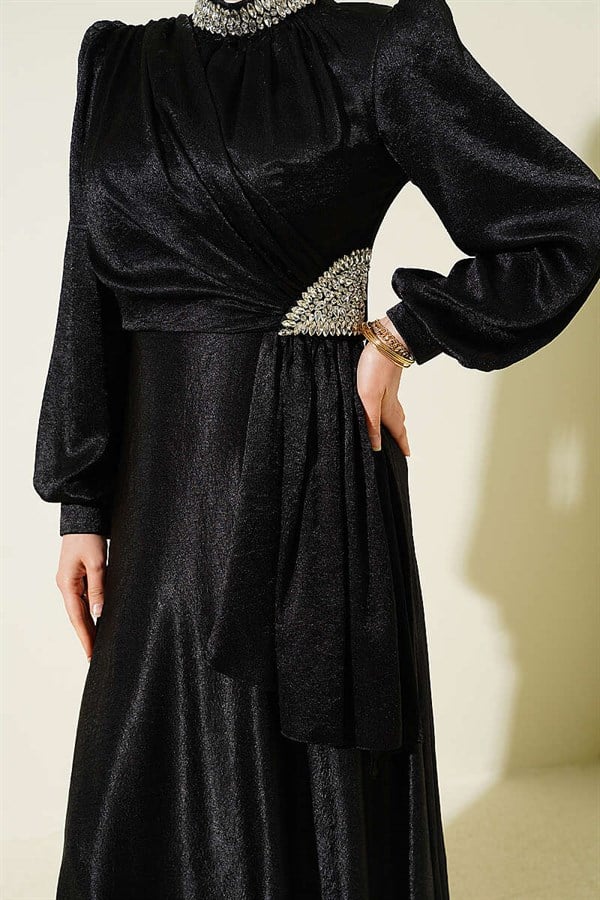 Black Evening Dress with Waist Embellished and Side Gathering