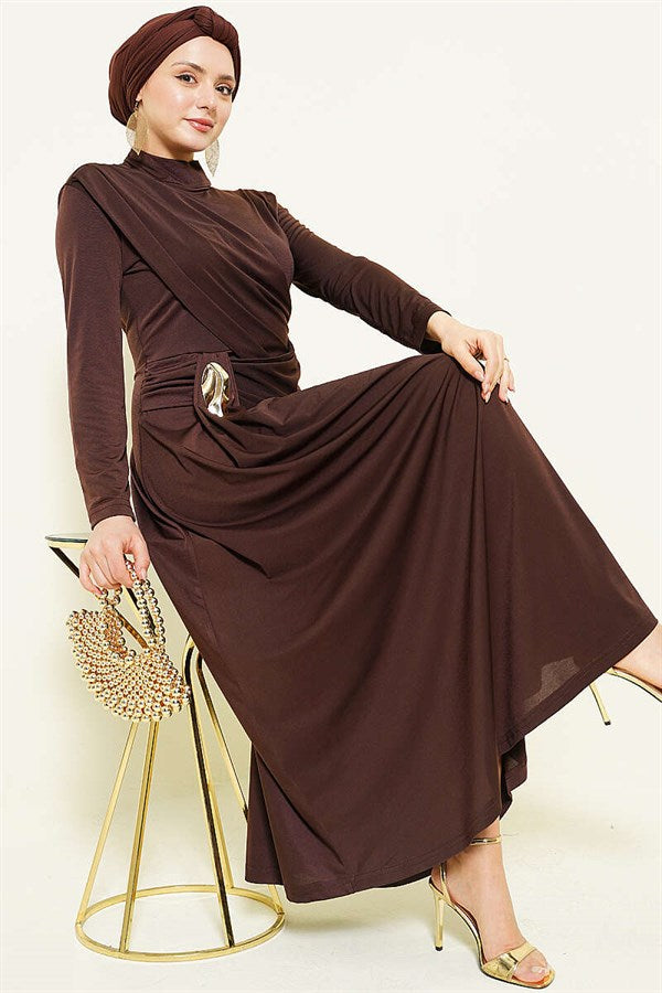 Dark Brown Evening Dress with Waist Buckle Detail