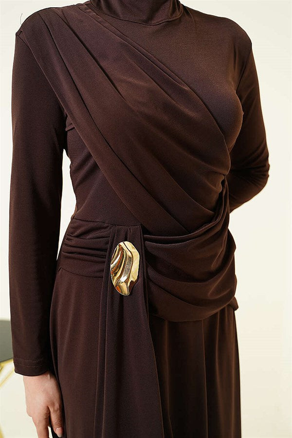 Dark Brown Evening Dress with Waist Buckle Detail