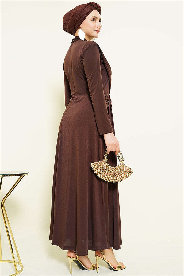 Dark Brown Evening Dress with Waist Buckle Detail