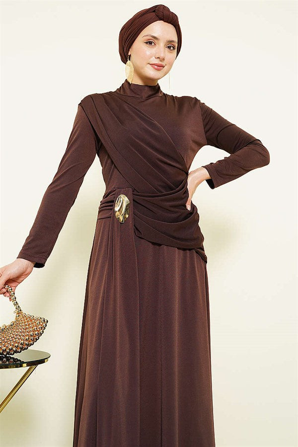 Dark Brown Evening Dress with Waist Buckle Detail