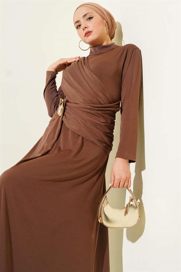 Brown Evening Dress with Waist Buckle Detail