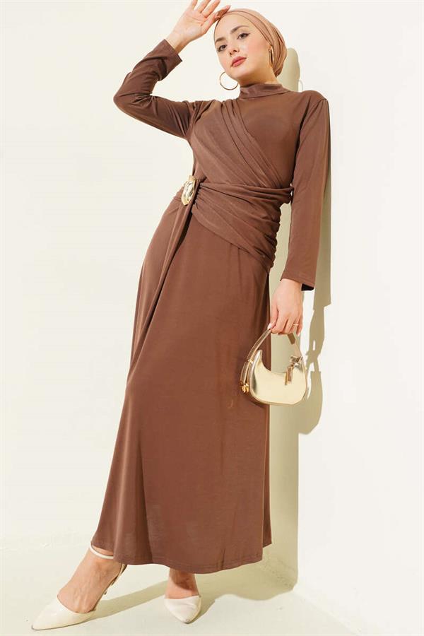 Brown Evening Dress with Waist Buckle Detail