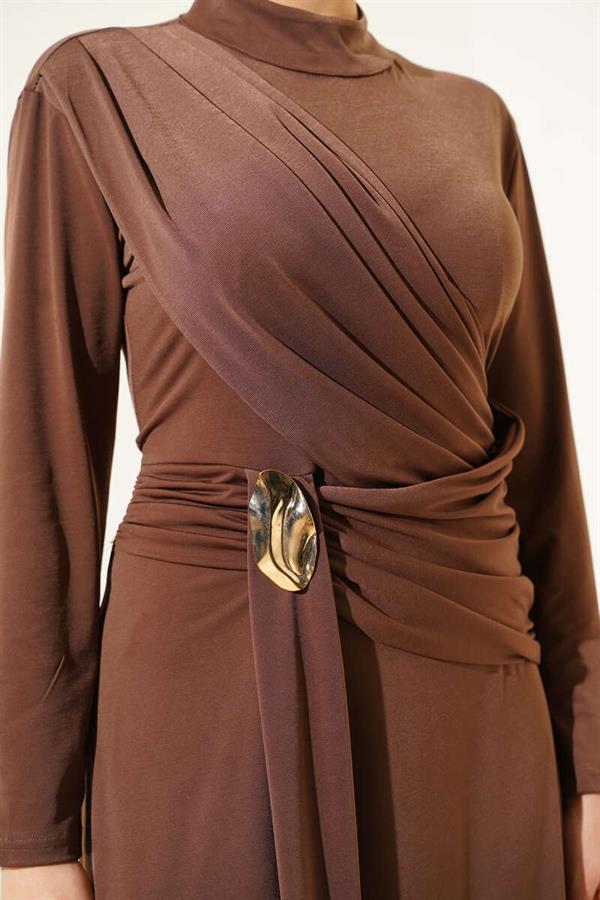 Brown Evening Dress with Waist Buckle Detail