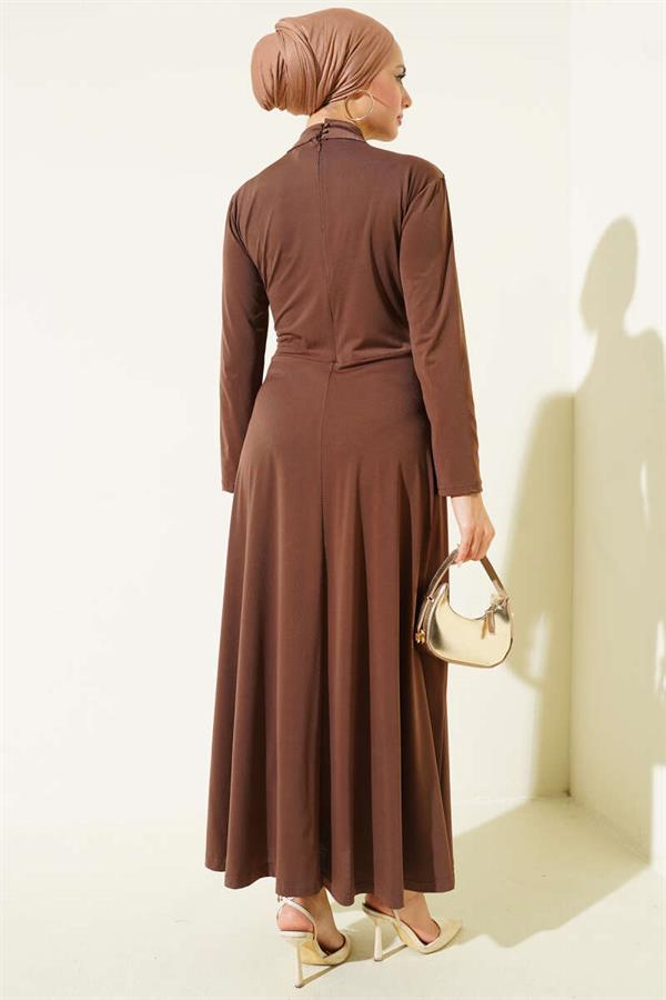 Brown Evening Dress with Waist Buckle Detail