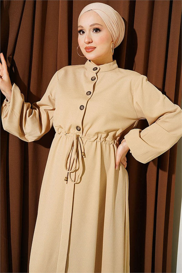 Waist-Tunnel and Ankle Elastic Dress, Beige