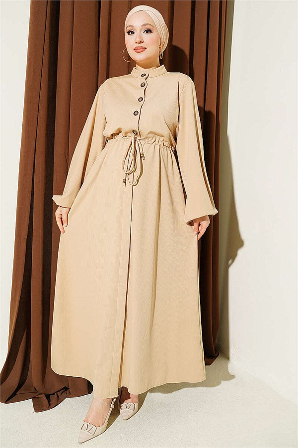 Waist-Tunnel and Ankle Elastic Dress, Beige
