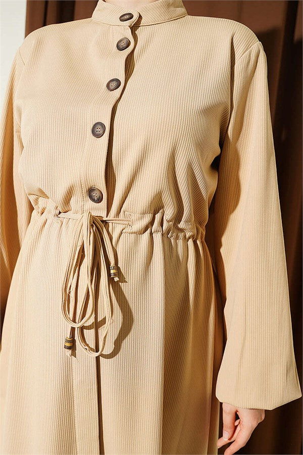 Waist-Tunnel and Ankle Elastic Dress, Beige