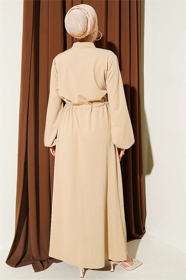 Waist-Tunnel and Ankle Elastic Dress, Beige