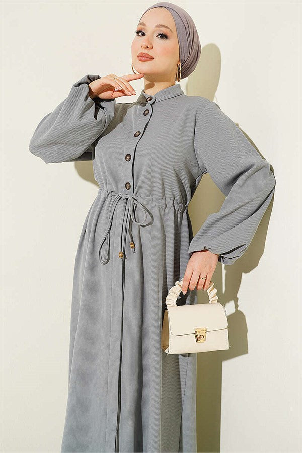 Gray Dress with Waist Tunnel and Elastic Ankles