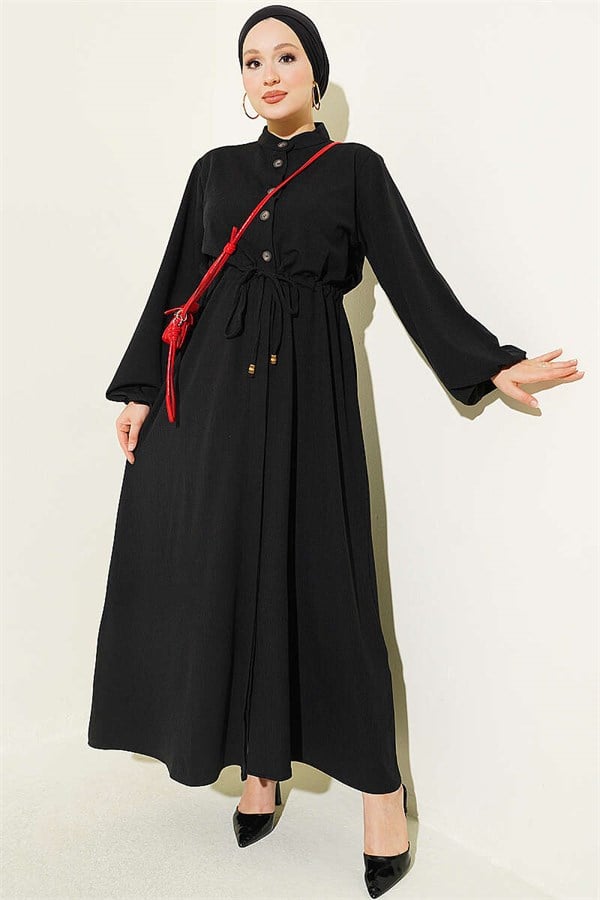Black Dress with Waist Tunnel and Elastic Ankles