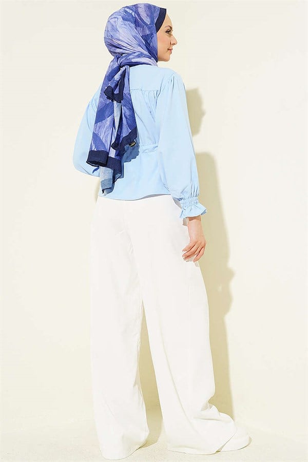 Short Shirt with Waistband and Elastic Cuffs, Blue