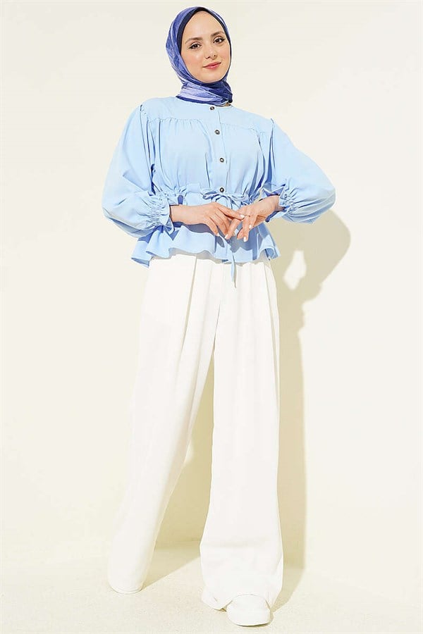 Short Shirt with Waistband and Elastic Cuffs, Blue