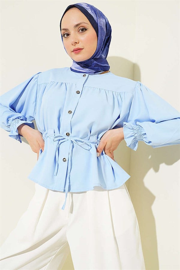 Short Shirt with Waistband and Elastic Cuffs, Blue