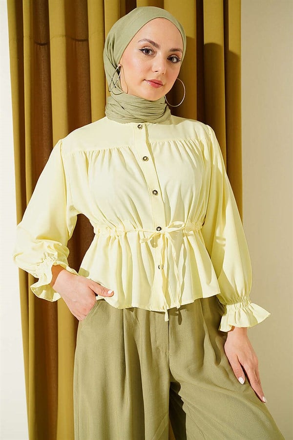 Short Shirt with Waist Tunnel and Elastic Cuffs, Yellow