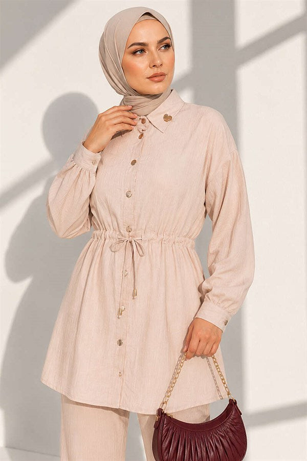 2 Piece Set with Waist Tunnel and Ankle Cuffs, Beige